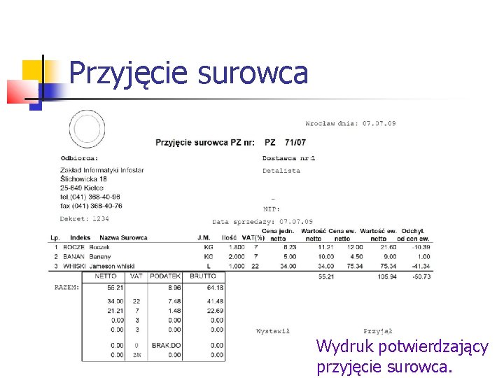 Przyjęcie surowca Wydruk potwierdzający przyjęcie surowca. 