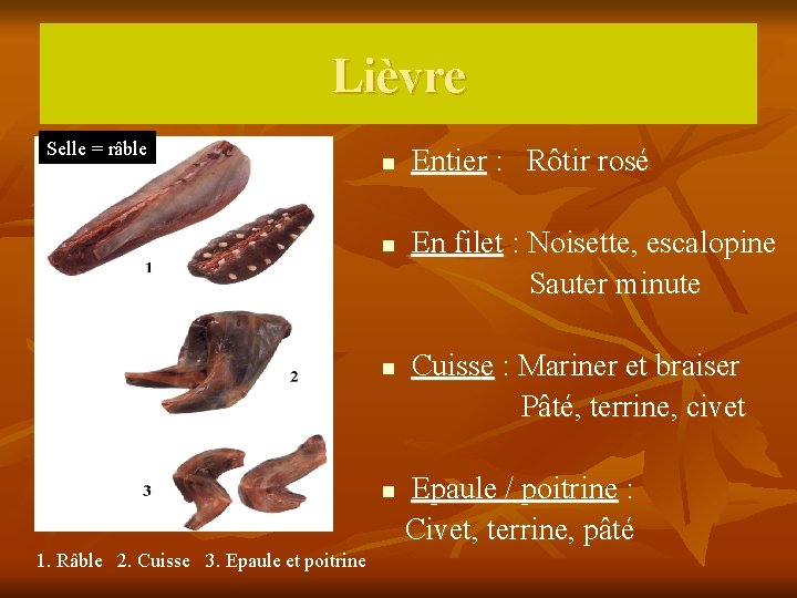 Lièvre Selle = râble n Entier : Rôtir rosé En filet : Noisette, escalopine