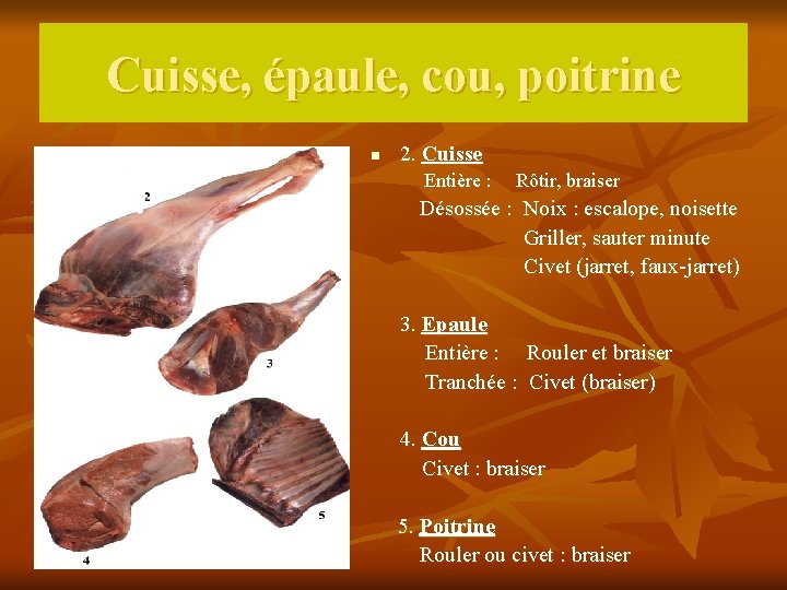 Cuisse, épaule, cou, poitrine n 2. Cuisse Entière : Rôtir, braiser Désossée : Noix