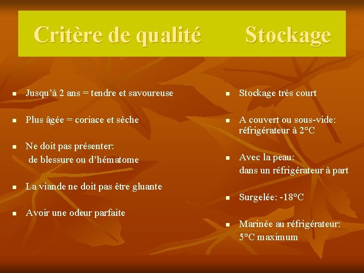 Critère de qualité Stockage n Jusqu’à 2 ans = tendre et savoureuse n n