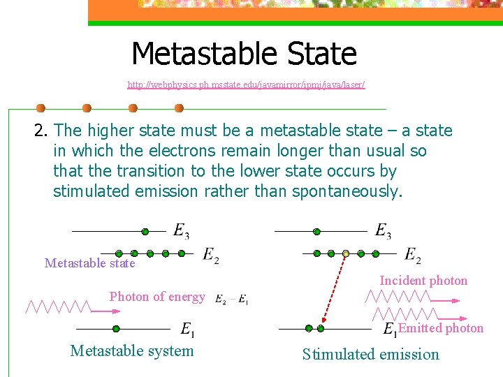 Metastable State http: //webphysics. ph. msstate. edu/javamirror/ipmj/java/laser/ 2. The higher state must be a