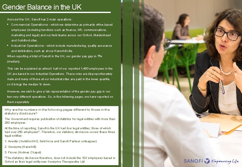 Gender Balance in the UK Across the UK, Sanofi has 2 main operations: •