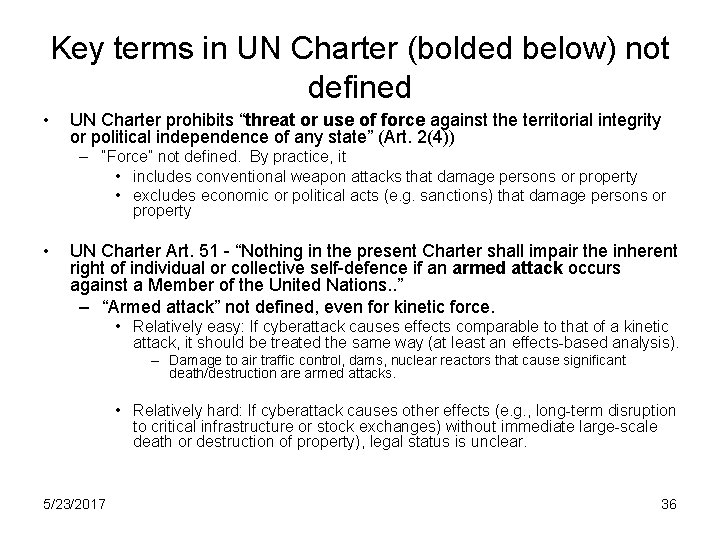 Key terms in UN Charter (bolded below) not defined • UN Charter prohibits “threat