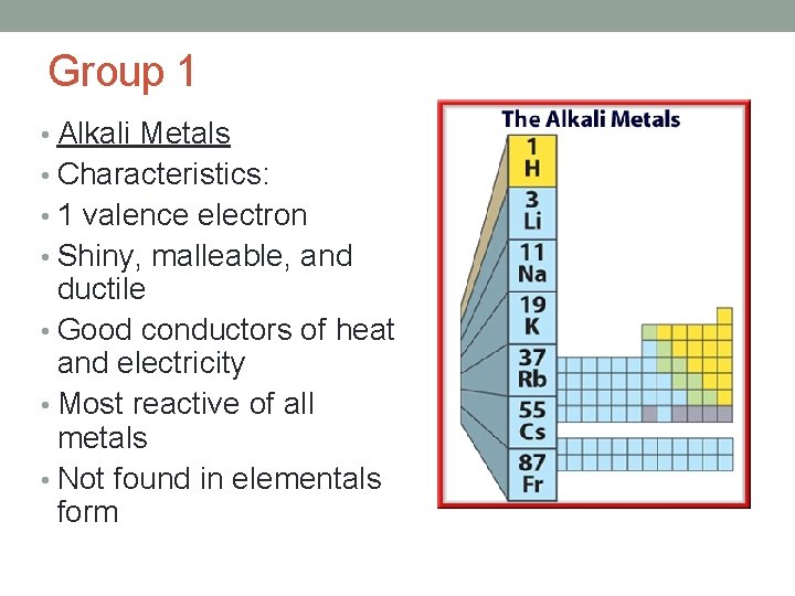 Group 1 • Alkali Metals • Characteristics: • 1 valence electron • Shiny, malleable,
