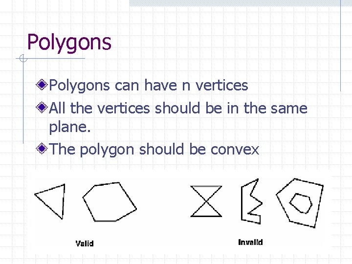 Polygons can have n vertices All the vertices should be in the same plane.