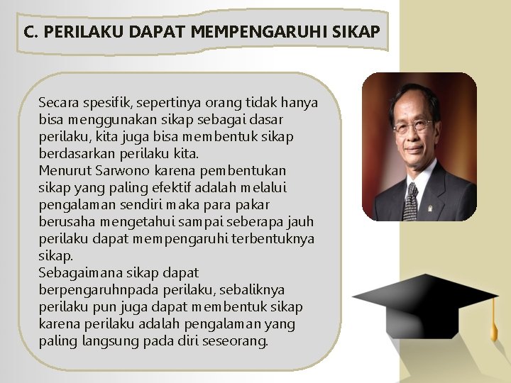 C. PERILAKU DAPAT MEMPENGARUHI SIKAP Secara spesifik, sepertinya orang tidak hanya bisa menggunakan sikap