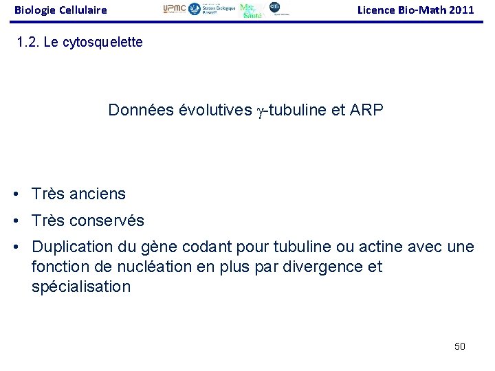 Biologie Cellulaire Licence Bio-Math 2011 1. 2. Le cytosquelette Données évolutives -tubuline et ARP