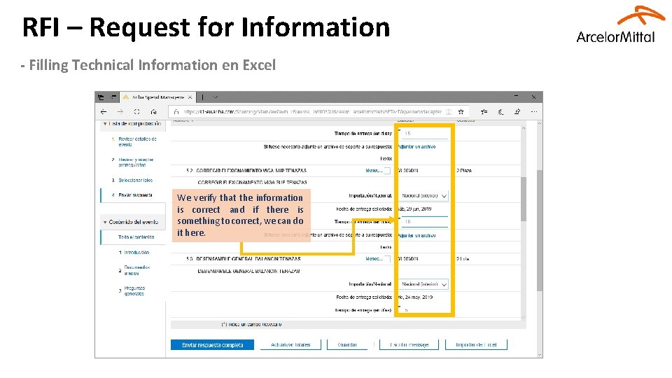 RFI – Request for Information - Filling Technical Information en Excel We verify that