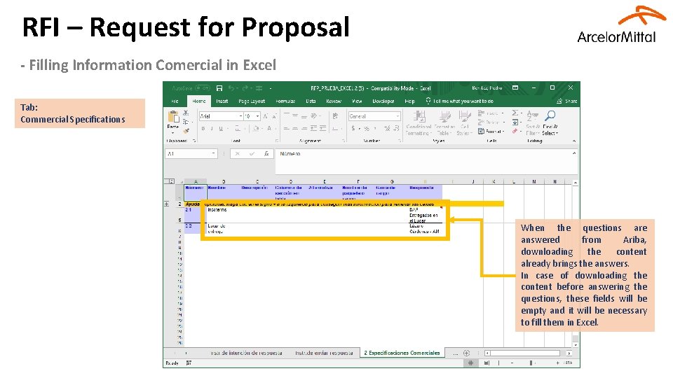 RFI – Request for Proposal - Filling Information Comercial in Excel Tab: Commercial Specifications