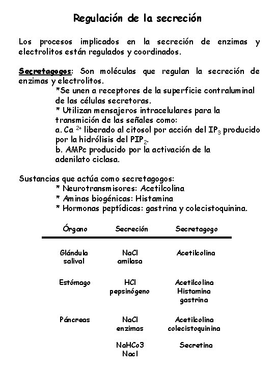 Regulación de la secreción Los procesos implicados en la secreción de enzimas y electrolitos