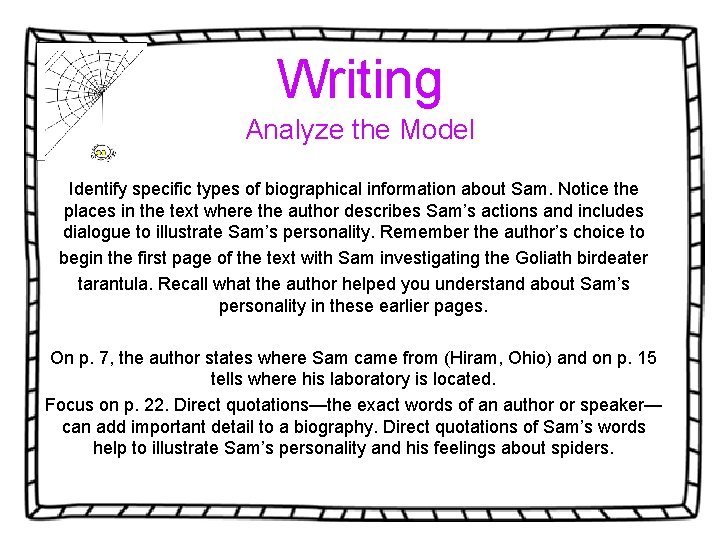 Writing Analyze the Model Identify specific types of biographical information about Sam. Notice the