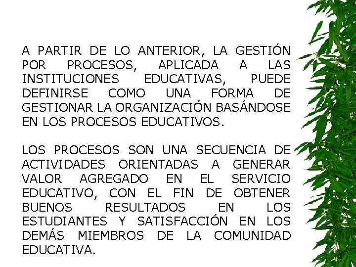 A PARTIR DE LO ANTERIOR, LA GESTIÓN POR PROCESOS, APLICADA A LAS INSTITUCIONES EDUCATIVAS,