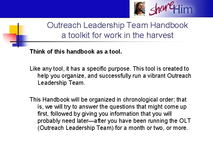 Outreach Leadership Team Handbook a toolkit for work in the harvest Think of this
