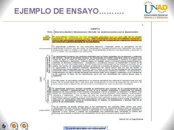 EJEMPLO DE ENSAYO………. “Educación para todos con calidad global” 