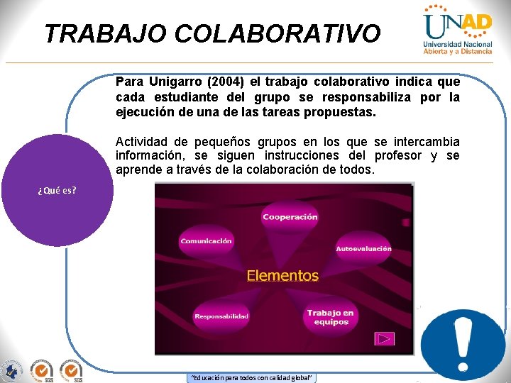 TRABAJO COLABORATIVO Para Unigarro (2004) el trabajo colaborativo indica que cada estudiante del grupo