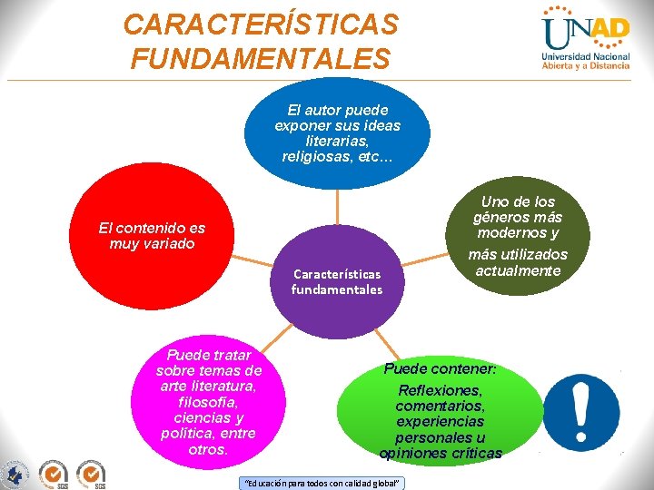 CARACTERÍSTICAS FUNDAMENTALES El autor puede exponer sus ideas literarias, religiosas, etc… Uno de los