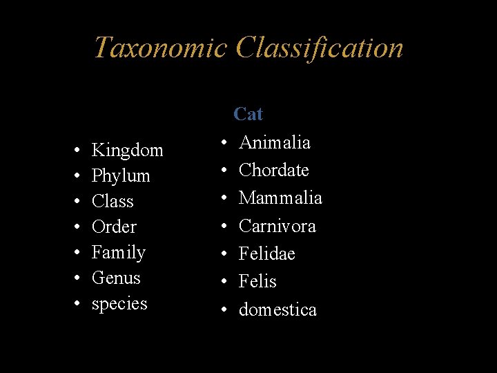 Taxonomic Classification • • Kingdom Phylum Class Order Family Genus species • • Cat