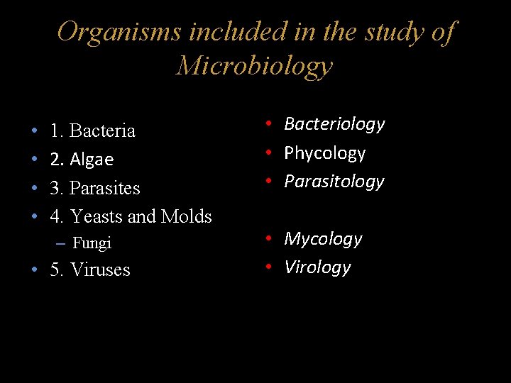 Organisms included in the study of Microbiology • • 1. Bacteria 2. Algae 3.