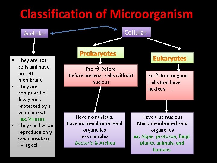 Classification of Microorganism Cellular Acellular § They are not cells and have no cell