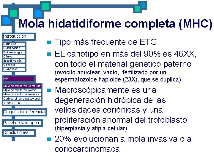 Mola hidatidiforme completa (MHC) Introducción Definición Clasificación Epidemiología Clínica Estadificación Genética Pronóstico n n