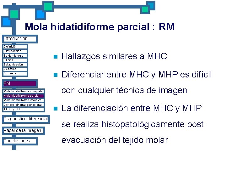 Mola hidatidiforme parcial : RM Introducción Definición Clasificación Epidemiología Clínica Estadificación Genética Pronóstico n
