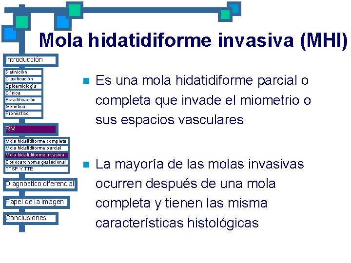 Mola hidatidiforme invasiva (MHI) Introducción Definición Clasificación Epidemiología Clínica Estadificación Genética Pronóstico n Es