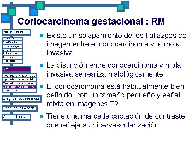 Coriocarcinoma gestacional : RM Introducción Definición Clasificación Epidemiología Clínica Estadificación Genética Pronóstico RM Mola