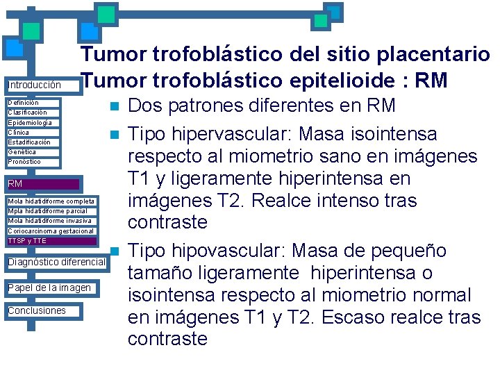 Introducción Tumor trofoblástico del sitio placentario Tumor trofoblástico epitelioide : RM Definición Clasificación Epidemiología