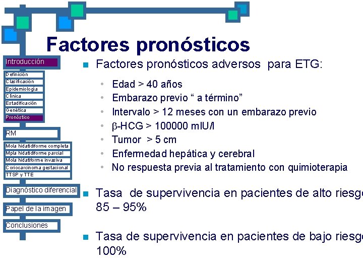 Factores pronósticos Introducción n Definición Clasificación Epidemiología Clínica Estadificación Genética Pronóstico • • RM