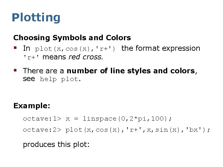 Plotting Choosing Symbols and Colors § In plot(x, cos(x), 'r+') the format expression 'r+'
