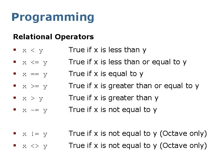Programming Relational Operators § x < y True if x is less than y