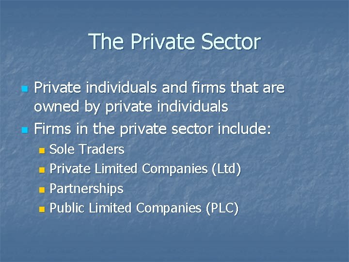 The Private Sector n n Private individuals and firms that are owned by private