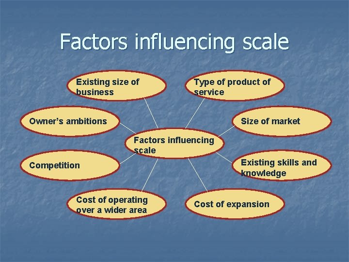 Factors influencing scale Existing size of business Type of product of service Owner’s ambitions