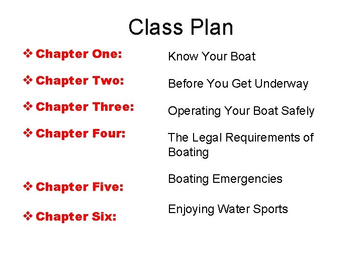 Class Plan v Chapter One: Know Your Boat v Chapter Two: Before You Get Class Plan v Chapter One: Know Your Boat v Chapter Two: Before You Get