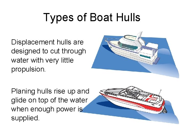 Types of Boat Hulls Displacement hulls are designed to cut through water with very Types of Boat Hulls Displacement hulls are designed to cut through water with very