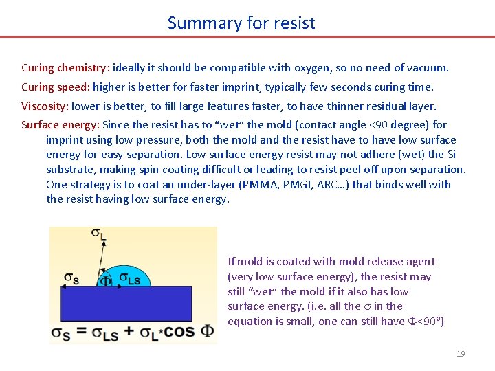 Summary for resist Curing chemistry: ideally it should be compatible with oxygen, so no