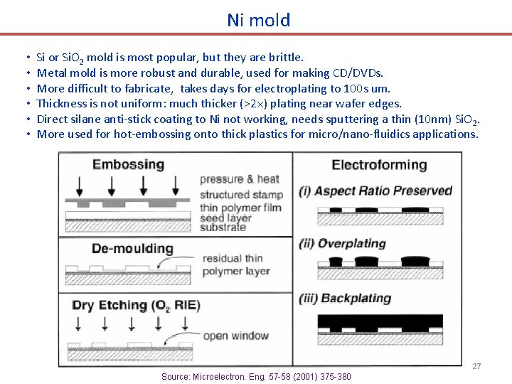 Ni mold • • • Si or Si. O 2 mold is most popular,