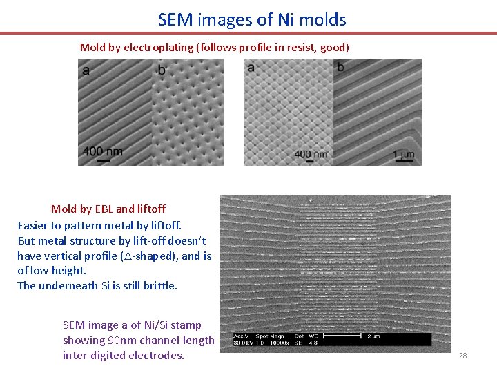 SEM images of Ni molds Mold by electroplating (follows profile in resist, good) Mold