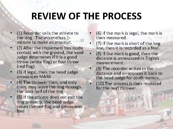 REVIEW OF THE PROCESS • (1) Recorder calls the athlete to the ring. The