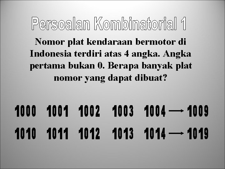 Nomor plat kendaraan bermotor di Indonesia terdiri atas 4 angka. Angka pertama bukan 0.