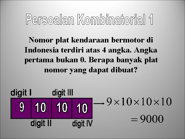 Nomor plat kendaraan bermotor di Indonesia terdiri atas 4 angka. Angka pertama bukan 0.