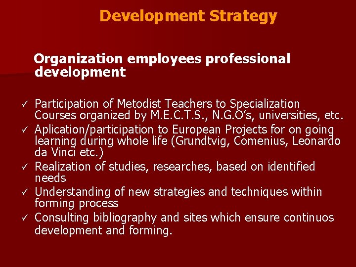 Development Strategy Organization employees professional development ü ü ü Participation of Metodist Teachers to