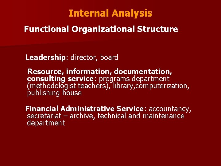 Internal Analysis Functional Organizational Structure Leadership: director, board Resource, information, documentation, consulting service: programs