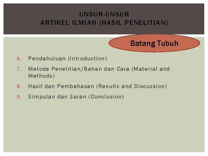 UNSUR-UNSUR ARTIKEL ILMIAH (HASIL PENELITIAN) Batang Tubuh 6. Pendahuluan (Introduction) 7. Metode Penelitian/Bahan dan