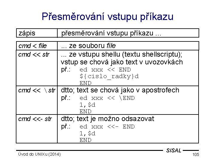 Přesměrování vstupu příkazu zápis přesměrování vstupu příkazu. . . cmd < file cmd <<