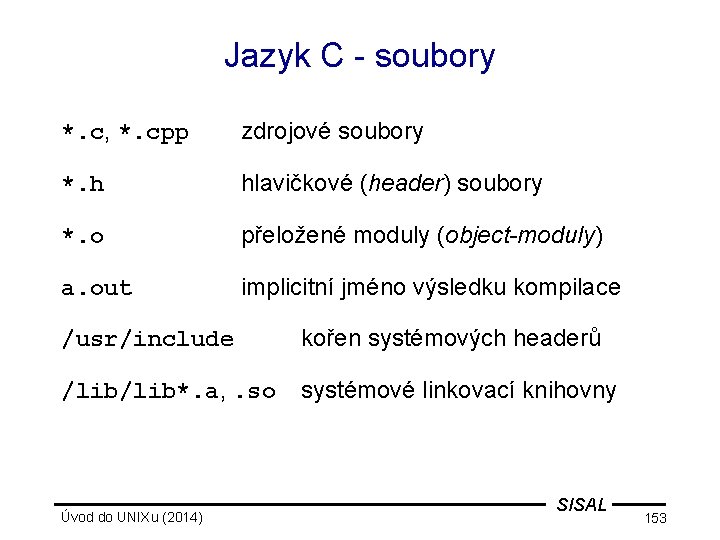 Jazyk C - soubory *. c, *. cpp zdrojové soubory *. h hlavičkové (header)