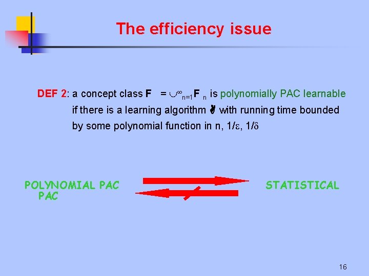 The efficiency issue DEF 2: a concept class F = n=1 F n is