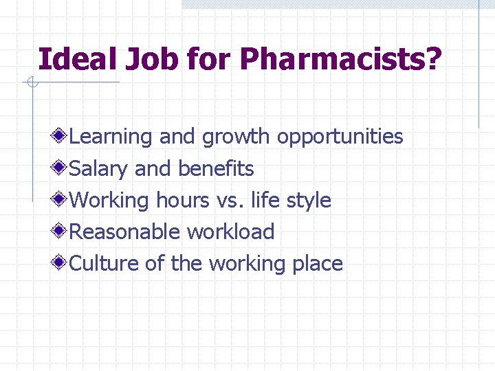 Ideal Job for Pharmacists? Learning and growth opportunities Salary and benefits Working hours vs.