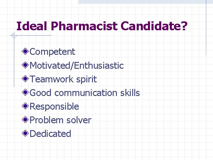 Ideal Pharmacist Candidate? Competent Motivated/Enthusiastic Teamwork spirit Good communication skills Responsible Problem solver Dedicated