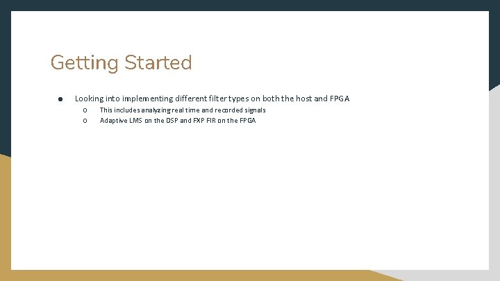 Getting Started ● Looking into implementing different filter types on both the host and
